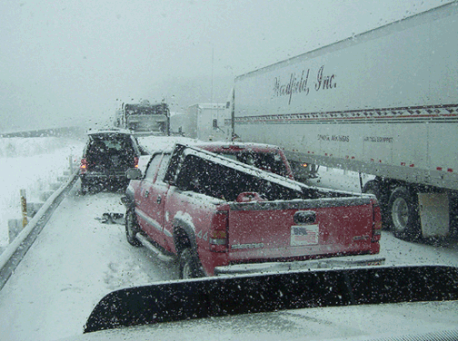Pickup Rear Ends Truck: Highway Pile Up in  Snowstorm Erie, Pa
